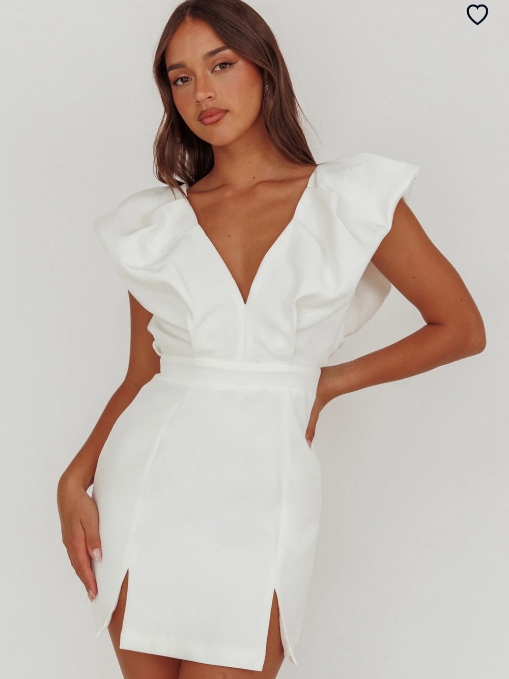 Selfie Leslie White V-Neck Ruffle Sleeve Mini Dress with Front Slits